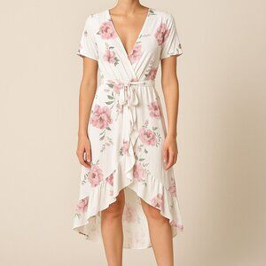 White Pink Floral Wrap Midi Dress Short Sleeve Cottagecore Fairy Fall Layer L‎